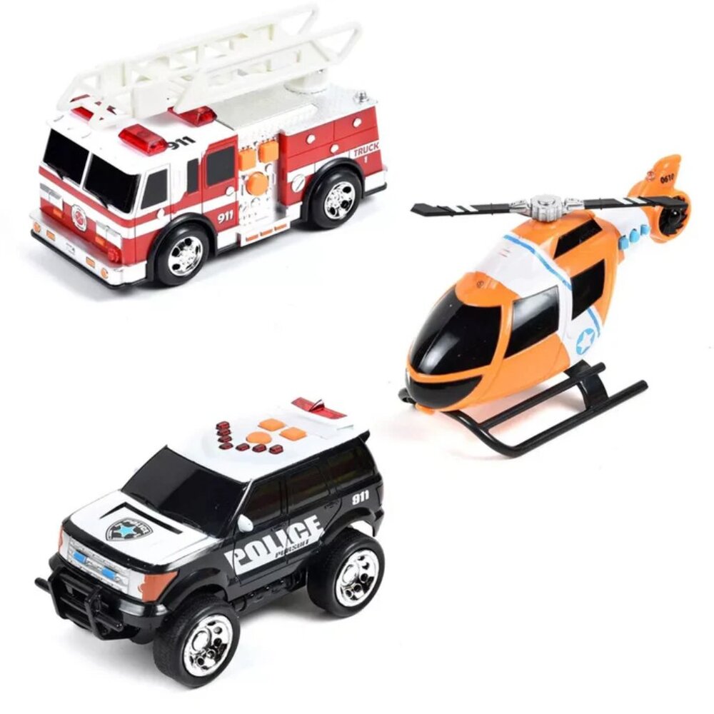 Maxx Action Fire Rescue Vehicle Toy Set Police Car Helicopter Truck Lights Sound